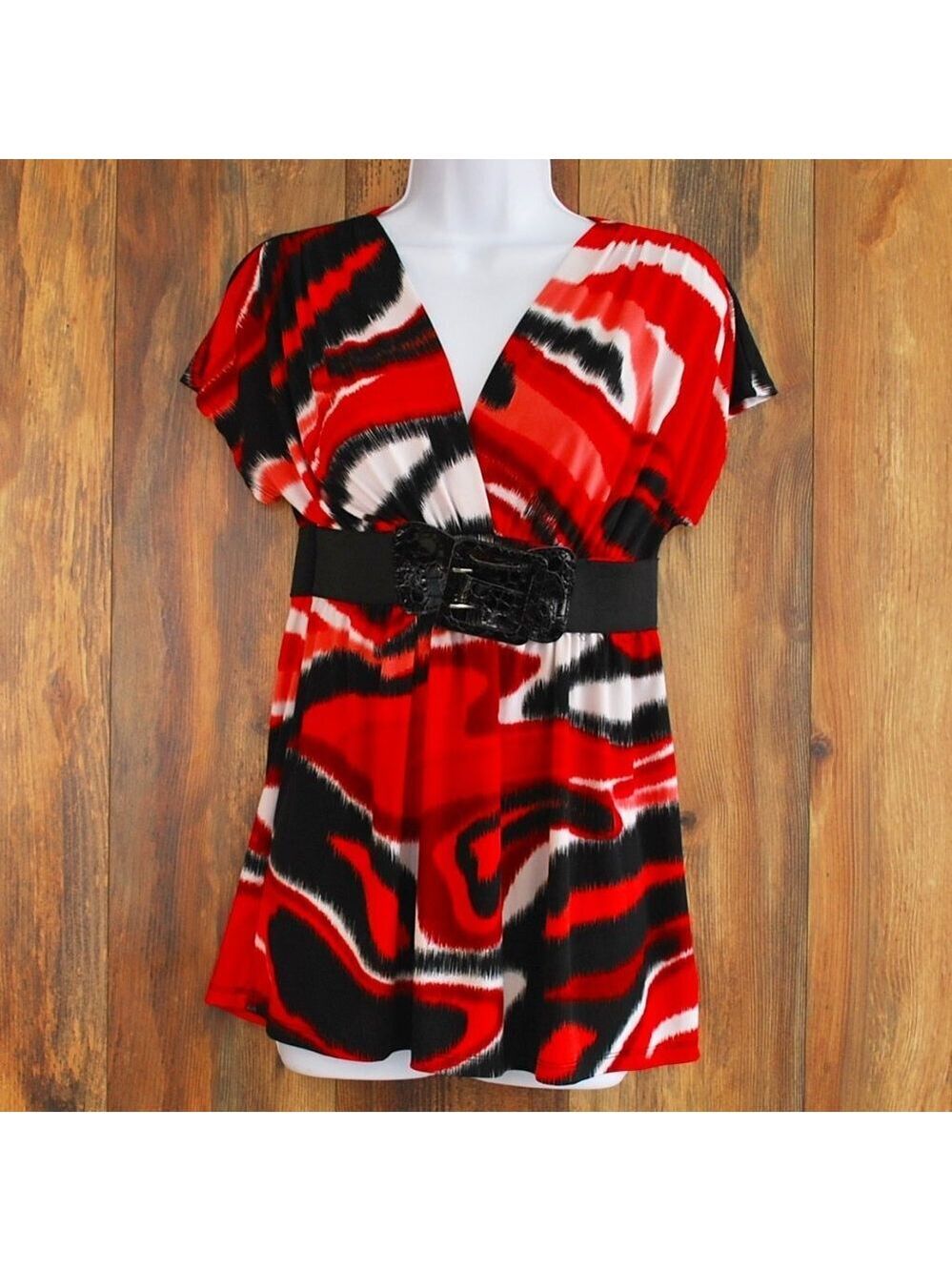 Rue 21 Size Small Stretchy Blouse Belted Red Black Shirt